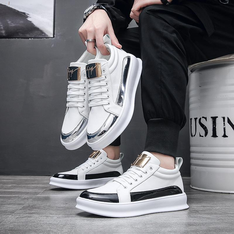 High-top Shoes Men's White Trendy Men's Shoes Autumn New Metal Color Matching Board Shoes Youth Internet Celebrity Trendy Brand Korean Fashion