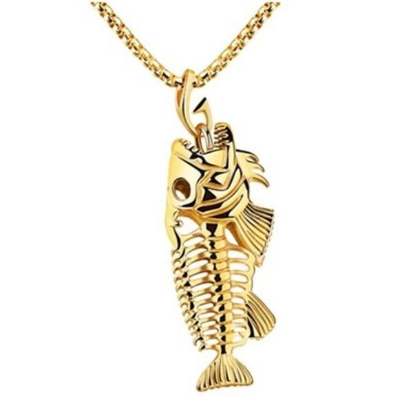 Fish Bone Fish Skeleton Pendant Surfer Chain Necklace Gold Black Unisex Jewellery