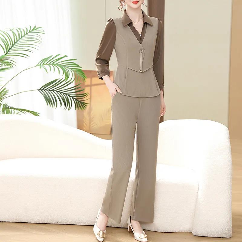 

Костюм для матери в китайском стиле, весенний костюм для богини средних лет, модный костюм из двух частей с длинными рукавами и лацканами на весну и осень L хаки