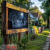 2D flat banners In the cemetery at night numerous tombstones stand in rows and there is a full moon in the sky.PMJ