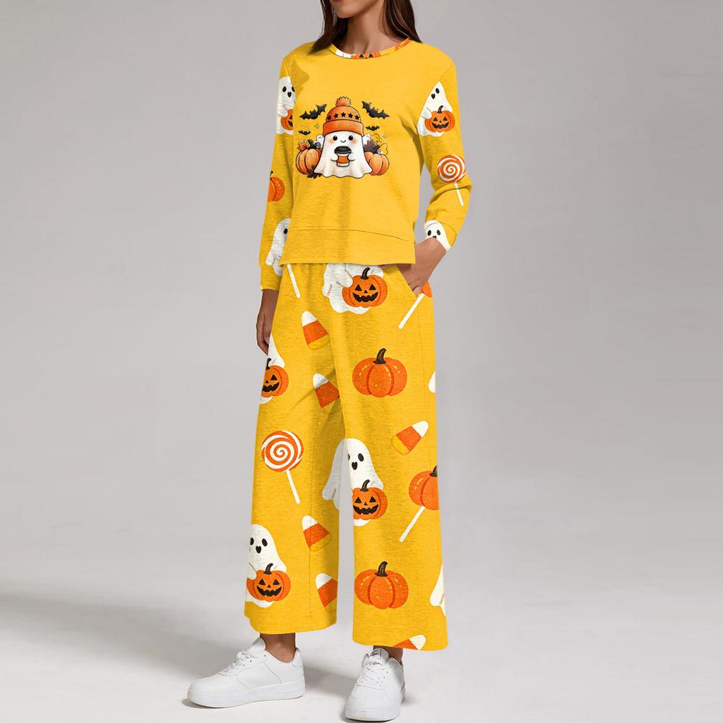 Women's Casual Round Neck Loose Fit Sweatshirt and Pants Set with Halloween Print Hem Slit for Halloween