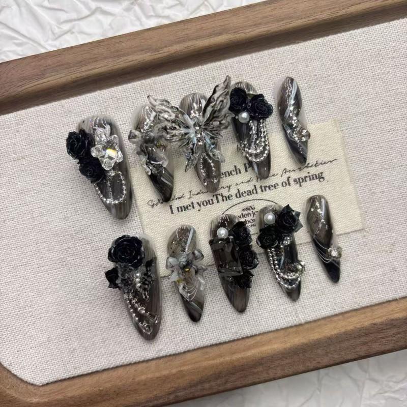 Handmade 3D Dark Ombre Butterfly Press-On Nails Medium To Long Length Women Girls