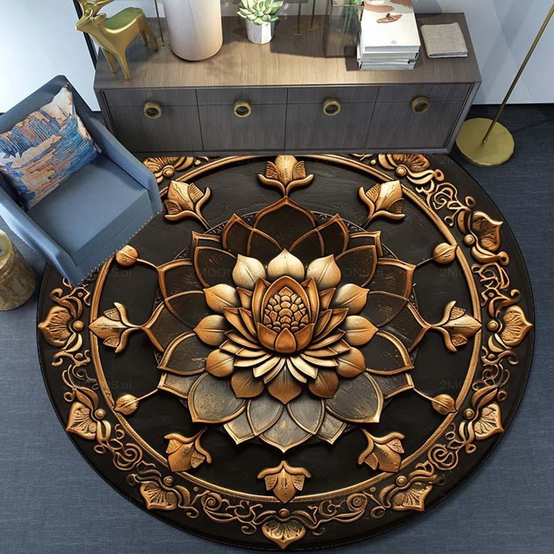 Round Crystal Velvet Rug Gold Lotus Mandala Black Background Floor Mat Oriental Boho Home Decor Luxury Zen Art Design