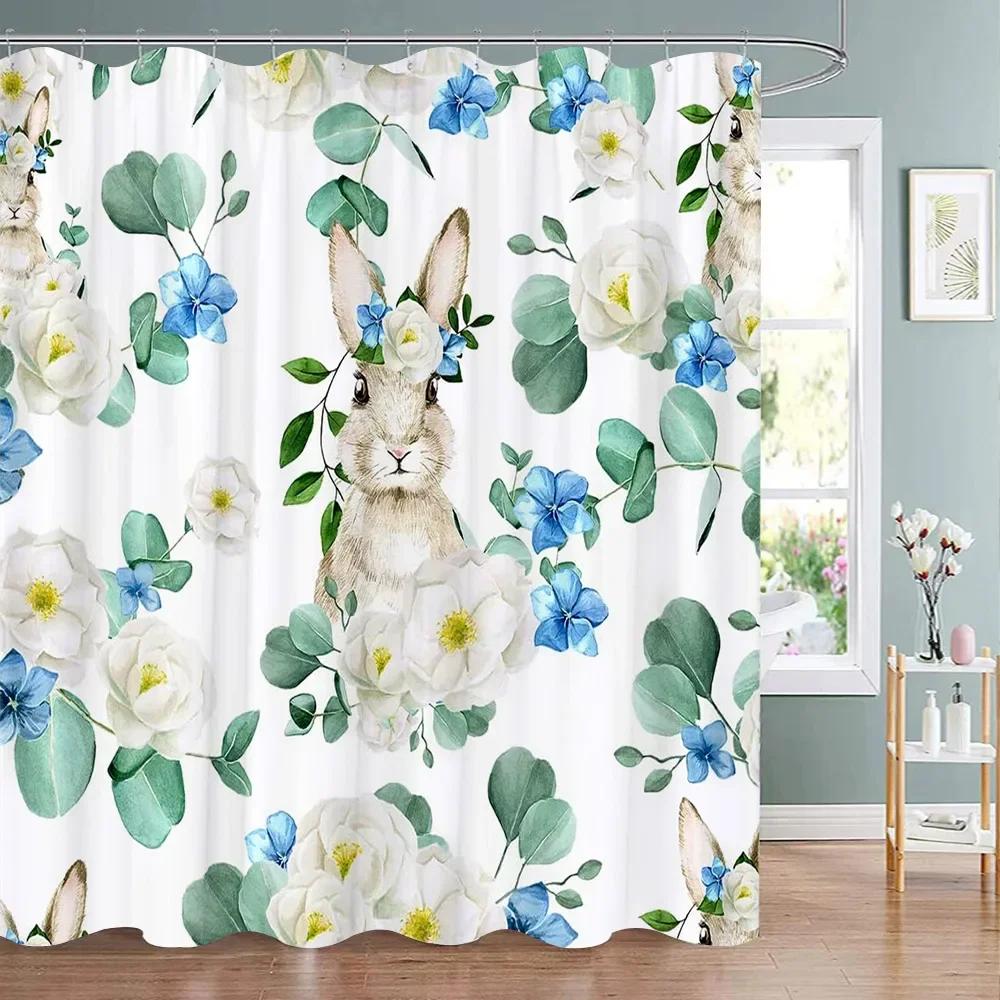 

Happy Easter Bunny Shower Curtain Farm Truck Bunny Eggs Butterfly Elf Washable Polyester Fabric Hanging Curtains Bathroom Decor W90XH180cm