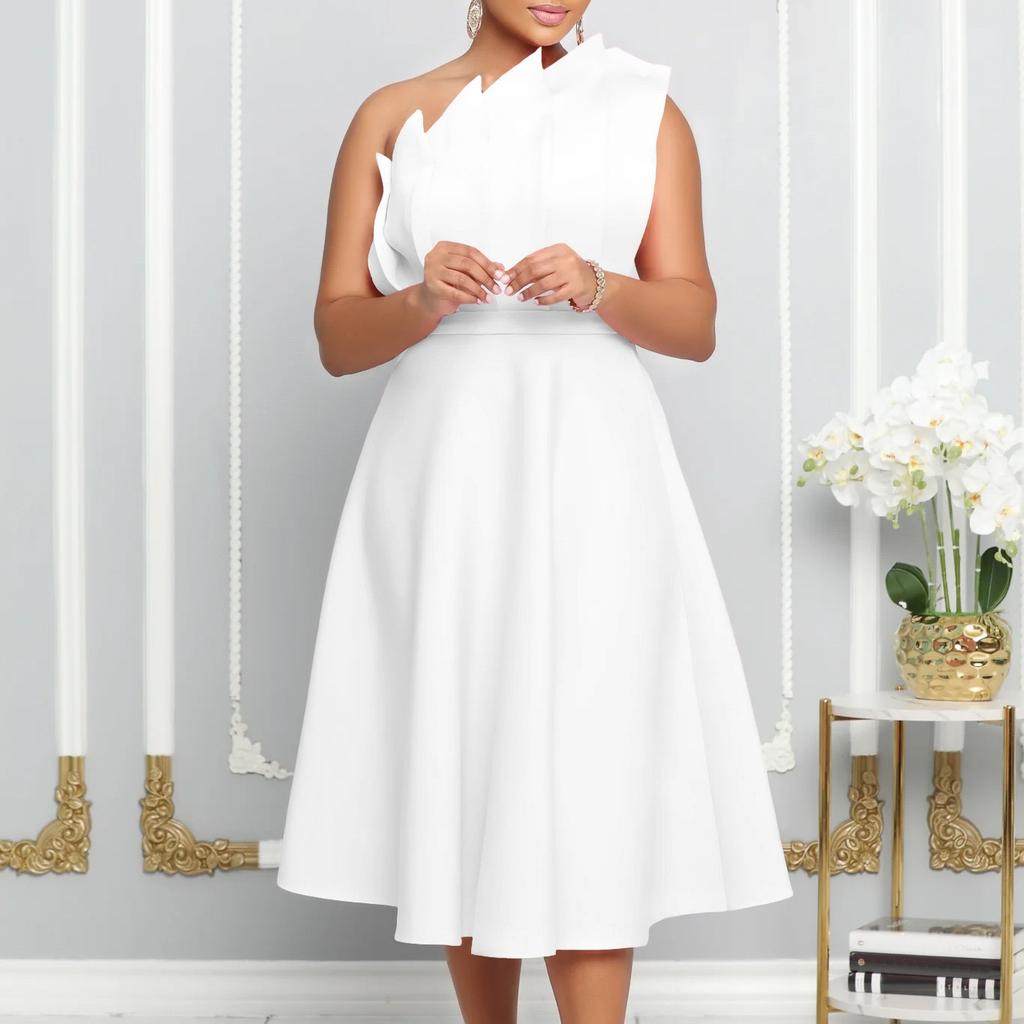 One Shoulder Sleeveless Party Dresses Women Plus Size Xxxl High Waisted A Line Mid Calf Elegant Dress Vestidos Mujer