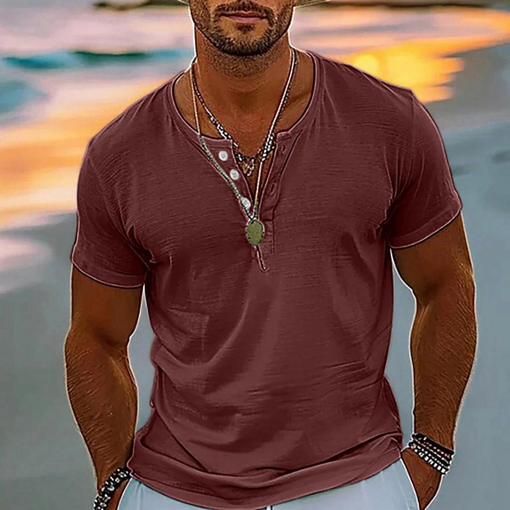 Vintage Summer Men's T-Shirt Streetwear 3 Buttons Open Fly Loose Clothing Print Short Sleeve T-Shirt