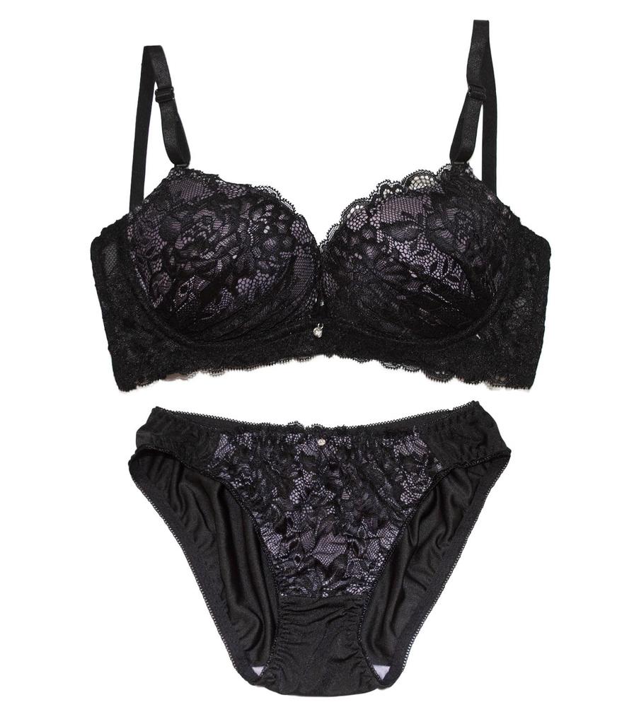 Chica Hurra Black 2XL Wireless Bra and Panty Floral Lace Plus Adjustable and Flattering Women's Set, 3/4 Cup, Print, Wireless, High-Cut Bra, Size,