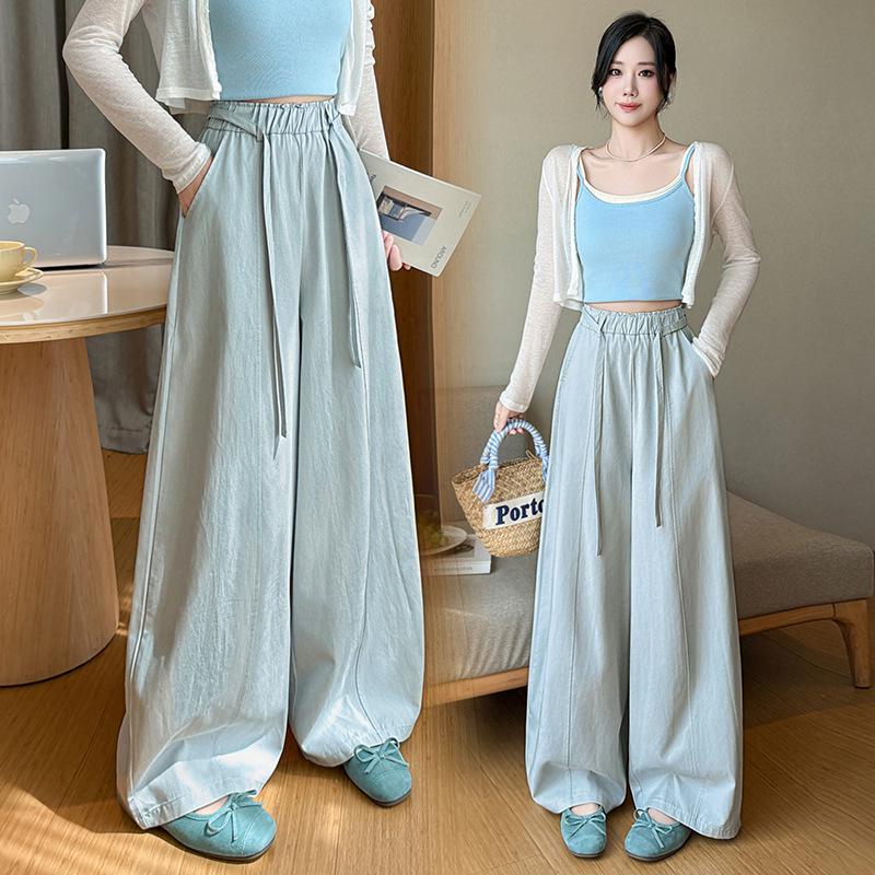 

Elastic Waist Tie-Up Wide-Leg A-Line Pants - 2026 Spring/Summer Slimming Design for Women Casual Wear XL синий