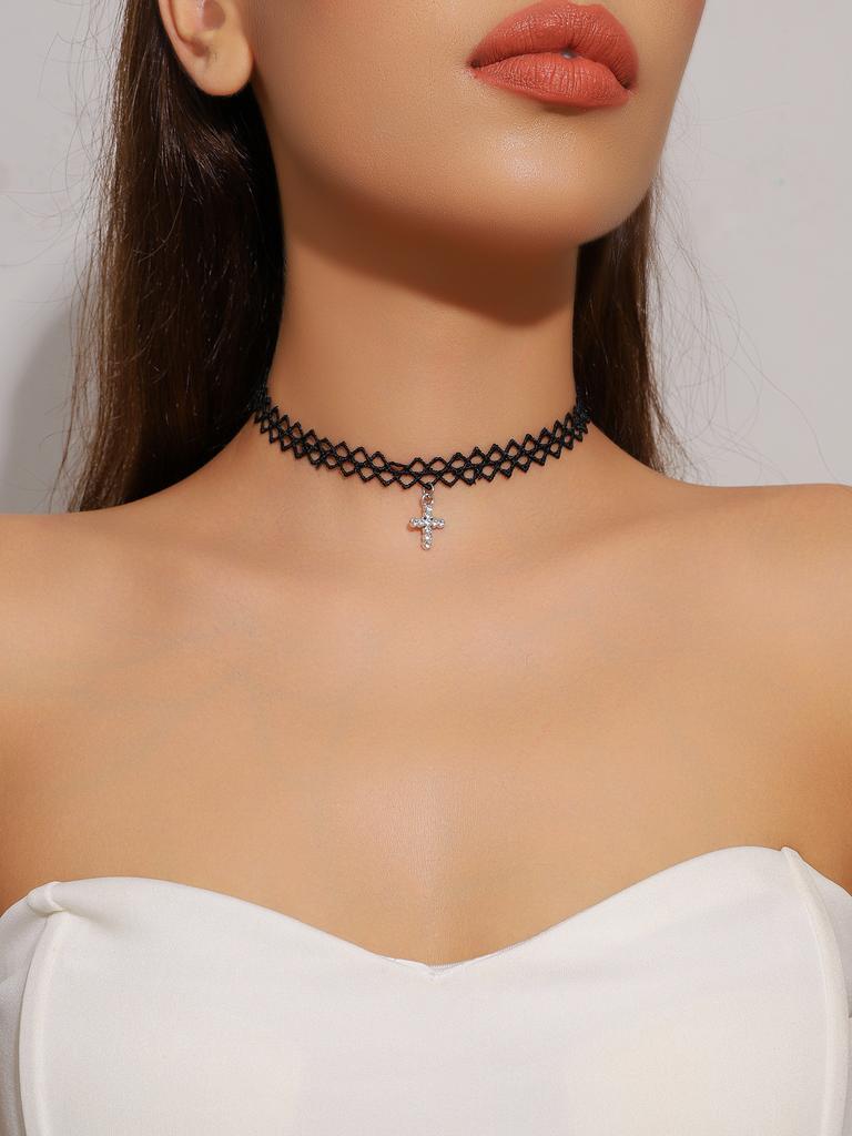 Vintage Black Lace Rose Necklace Bracelet Ring Set Women's Dinner Party, Dark Wind Neck Chain Bracelet