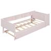 Slaapbank gestoffeerd bed 90 x 200 cm, Uittrekbed met wielen, met bureau, drie planken aan de zijkant van het bed, Zonder matras