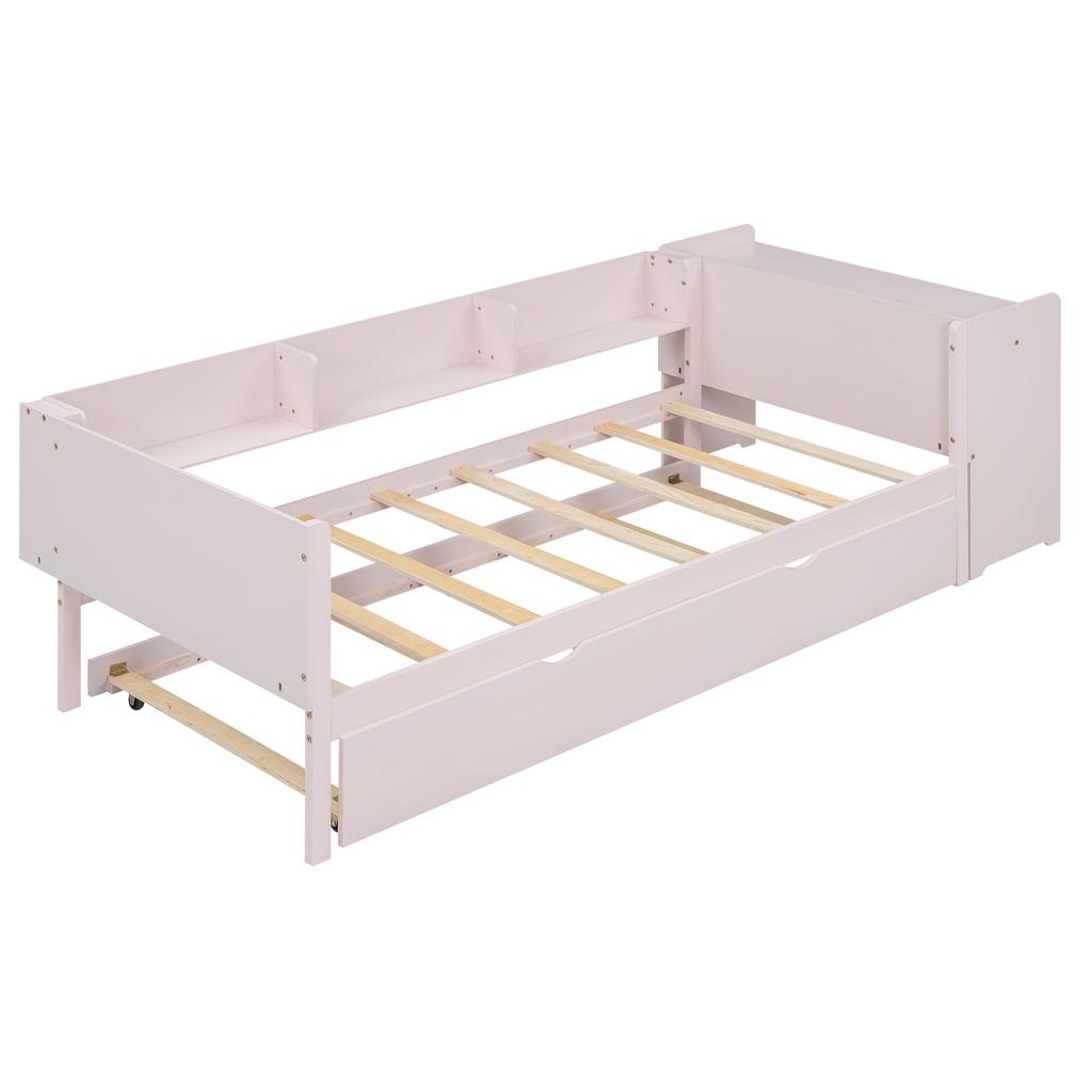 Slaapbank gestoffeerd bed 90 x 200 cm, Uittrekbed met wielen, met bureau, drie planken aan de zijkant van het bed, Zonder matras