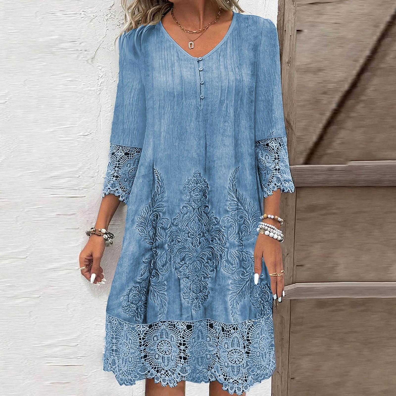 

Женское летнее модное повседневное платье с v-образным вырезом и кружевным платьем с принтом M синий