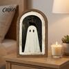 Halloween Spooky Decorative Sign Ghost Wall Decor, Cute Table Sign, Vintage Arch Framed Fall Season Accent Picture, Art for Mantel Living Room Bedroom