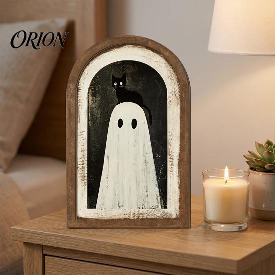 Halloween Spooky Decorative Sign Ghost Wall Decor, Cute Table Sign, Vintage Arch Framed Fall Season Accent Picture, Art for Mantel Living Room Bedroom