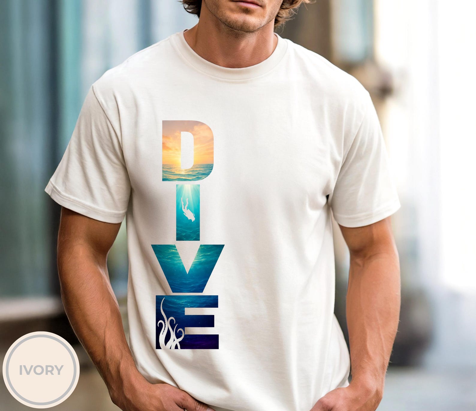 Dive Vertical Text T-Shirt | Scuba Diving Shirt Ocean Wave Surf Graphic Tee XL