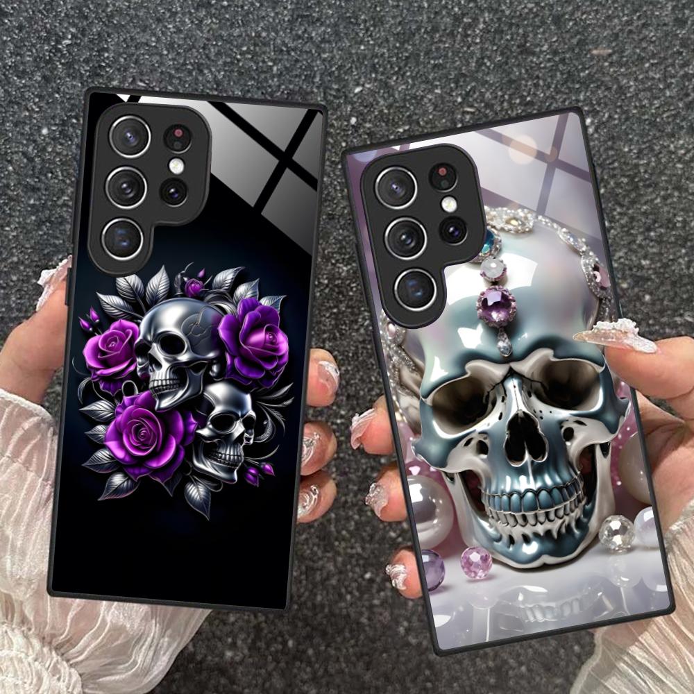 Silberne Totenkopf Glas Handyhülle für Samsung Galaxy S26 S25 S24 S23 S22 S21 S20 Note20 Plus FE Ultra Bunte Abdeckung
