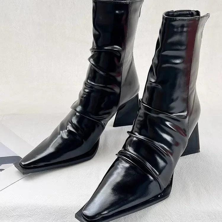 

модные осенние женские ботильоны со складками модные женские короткие ботинки с острым носком на толстом среднем каблуке повседневные ботинки женская обувь 2024 37 чёрный