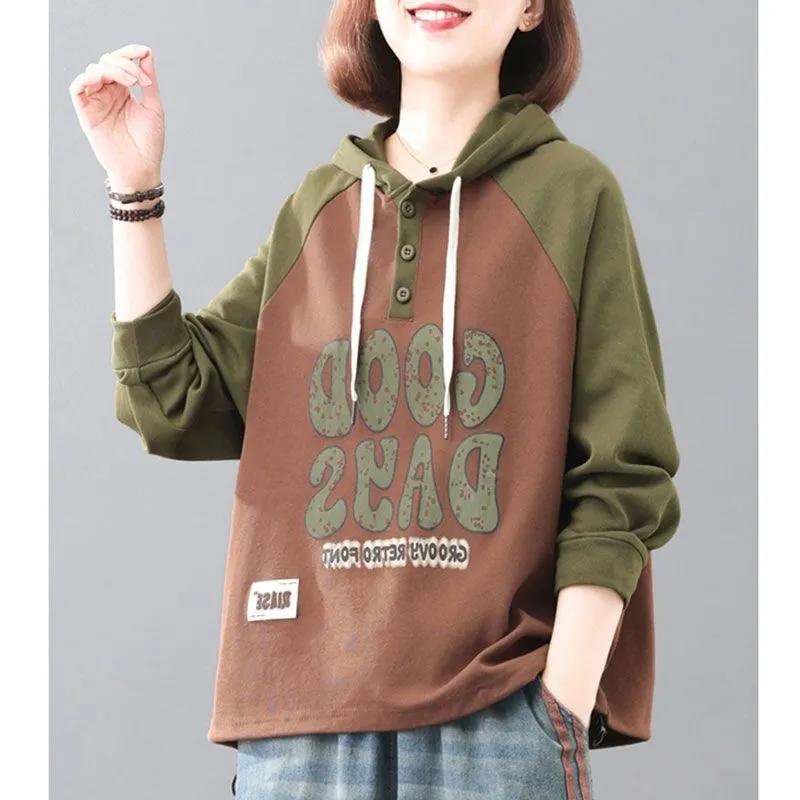 Hooded Sweatshirt for Women New Autumn Korean Style Letter Print Button Hooded Pullover Top