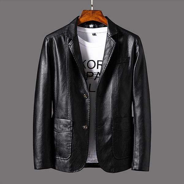 Spring and Autumn Men's Slim Thin Section Lapel Suit Fashion Casual Leather Jacket
