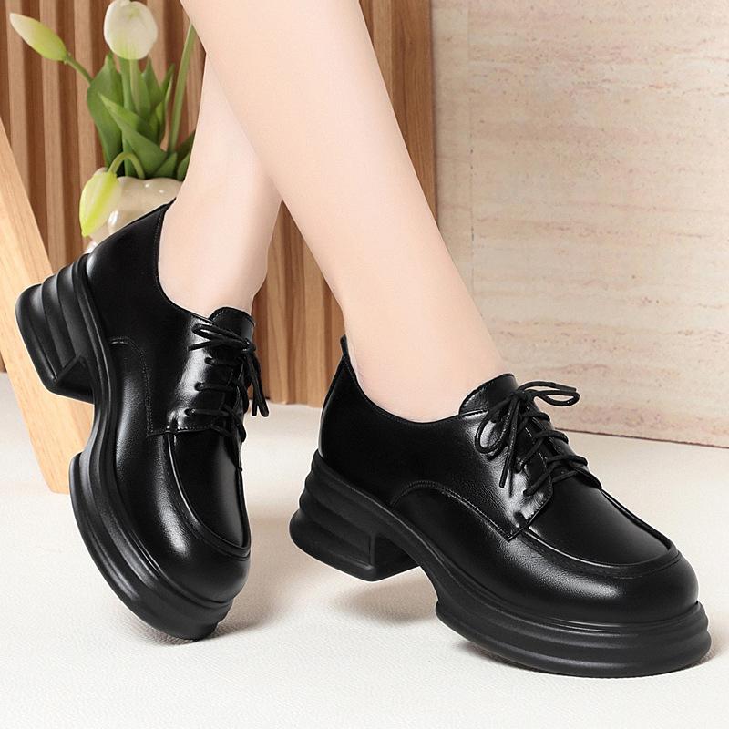 British loafers women's new spring single shoes platform work shoes thick heel lace-up small leather shoes
