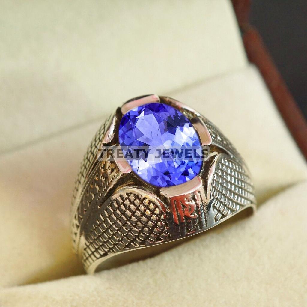 Tanzanite Oval Cut Gemstone With 925 Sterling Silver Ring For Men's #B650 JL375686559082