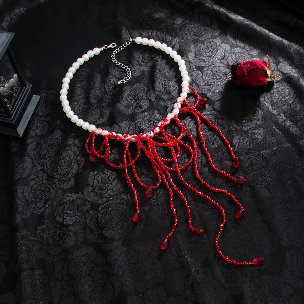 Salircon Gothic Red Blood Pattern Imitation Pearl Necklace Women Vintage Exquisite Multilayer Crystal Tassel Choker Jewelry Gift
