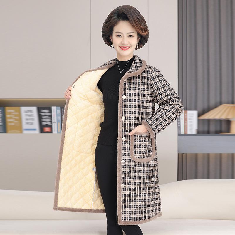 Cozy Plaid Fleece-Lined Jacket for Elderly Women - Mid-Length Winter Coat for Grandmothers