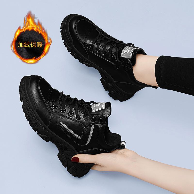 

Мягкая кожа повседневная кожаная обувь женская осень и зима новая черная на толстой подошве бархатная мягкая подошва кроссовки 40