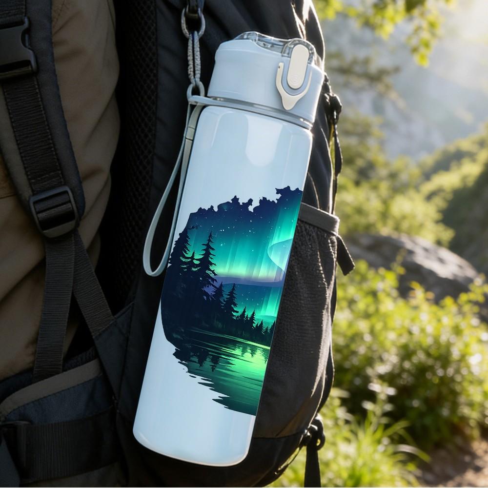 1PC Aurora Borealis Night Sky Scenery Print 750ml Color Plastic Sports Water Bottle Leakproof Flip Straw Lid Suitable for Sports Office Home Use