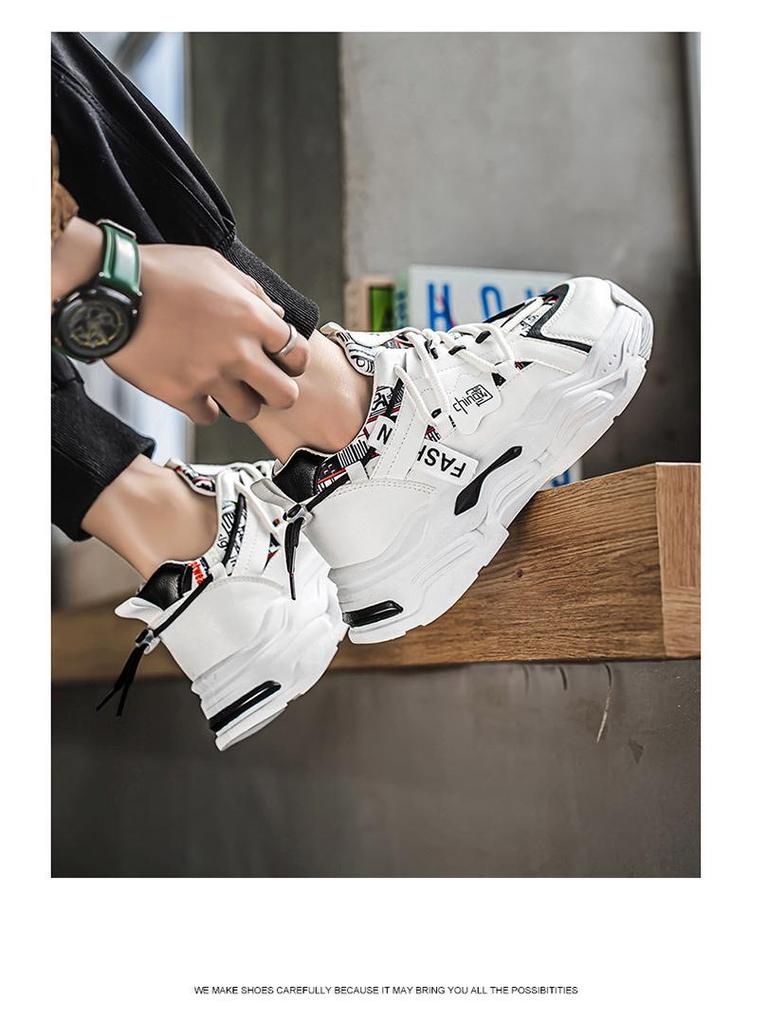 Men's Spring 2025 White Breathable Sneakers: Trendy, Versatile, Thick-Soled Casual Shoes