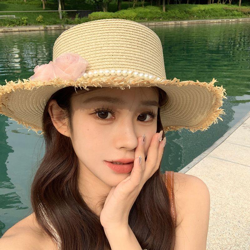 100.00kg Plus Size Women's Big Brim Grass Bows Hand-Woven Seaside Beach Hat Sun-Proof Face Cover Sun-Shade Straw Hat