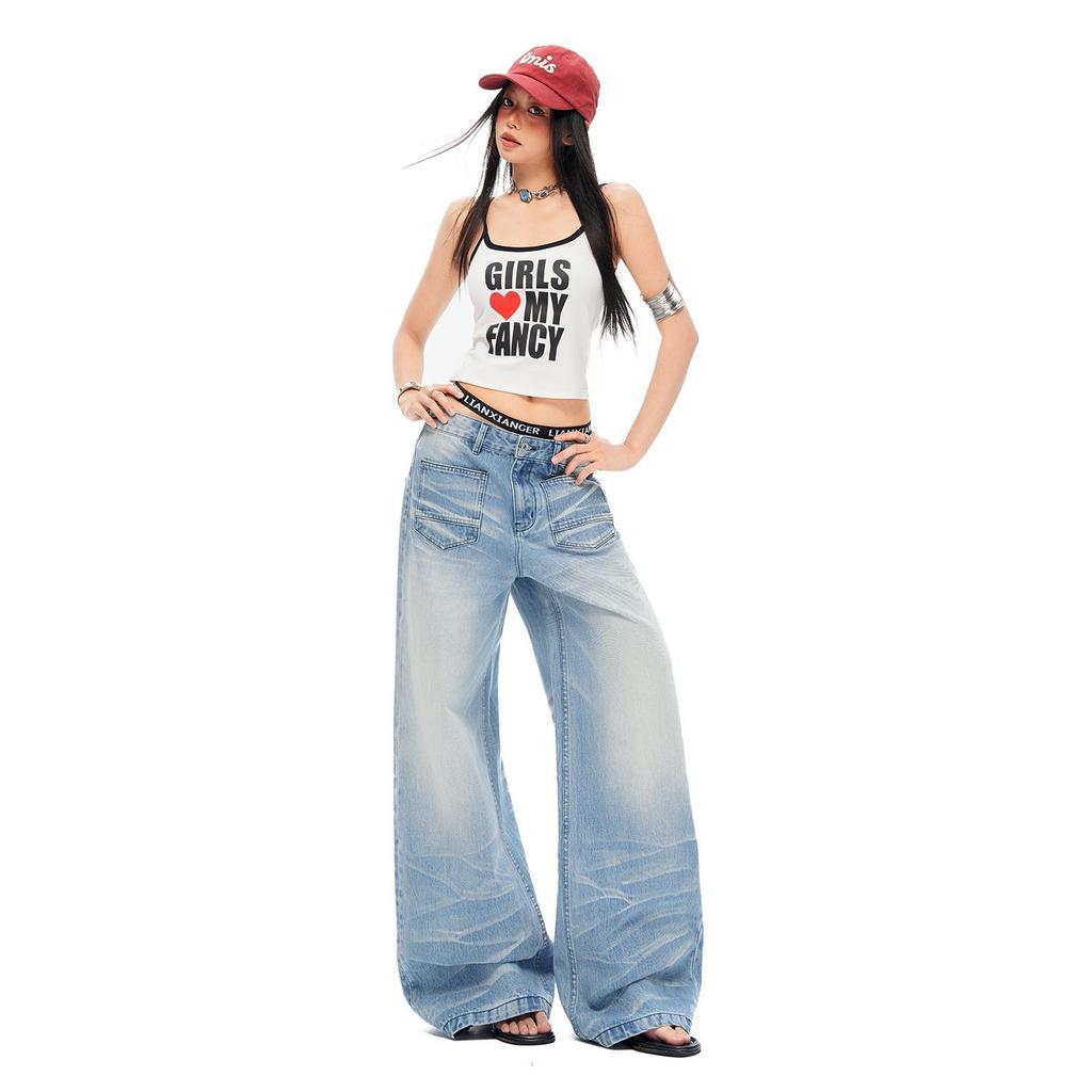 Reverse Pocket Cat Whisker Washed Micro Saber Cut Wide Leg Trendy Denim Pants Women Spring Summer Casual Pants Oversize Denim Trousers