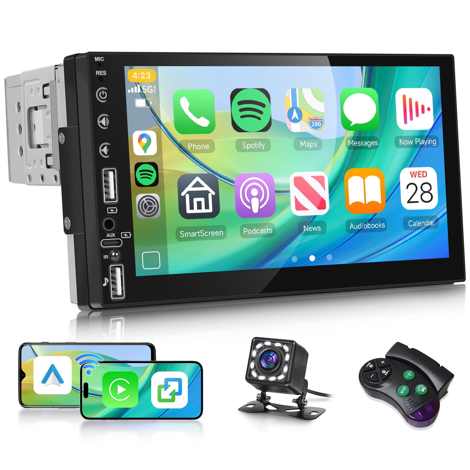 Hodozzy 1Din Автомагнитола Беспроводной Carplay/Android Auto Поддержка Беспроводной, 7-дюймовый Сенсорный Экран 1Din