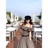 Kumikumi High Sense French Style Frill Off-Neck Dress Women Summer Slimming Temperament A- Line Skirt Long Dress