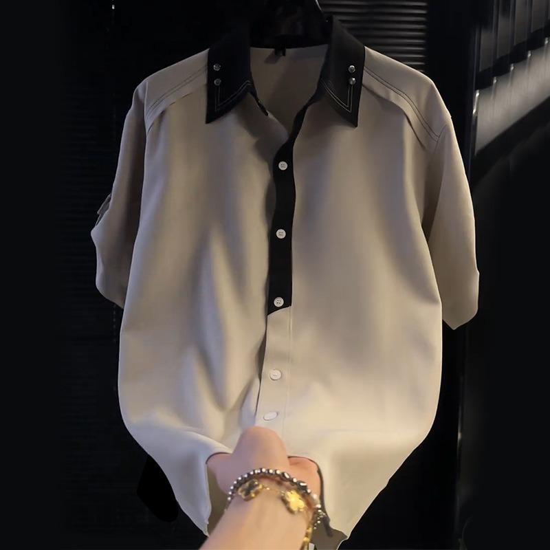 

Men s Contrast Color Block Stitch Detail Short Sleeve Button Down Shirt Casual Streetwear Top S серый