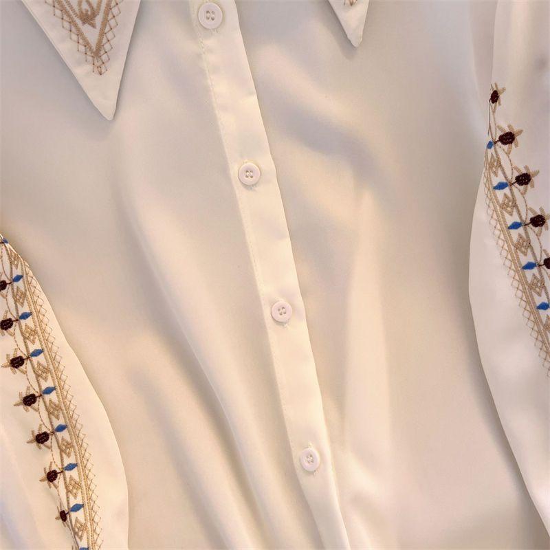 Women Ethnic Embroidered Long Sleeve Blouse Loose Fit French Style Professional Office Shirt