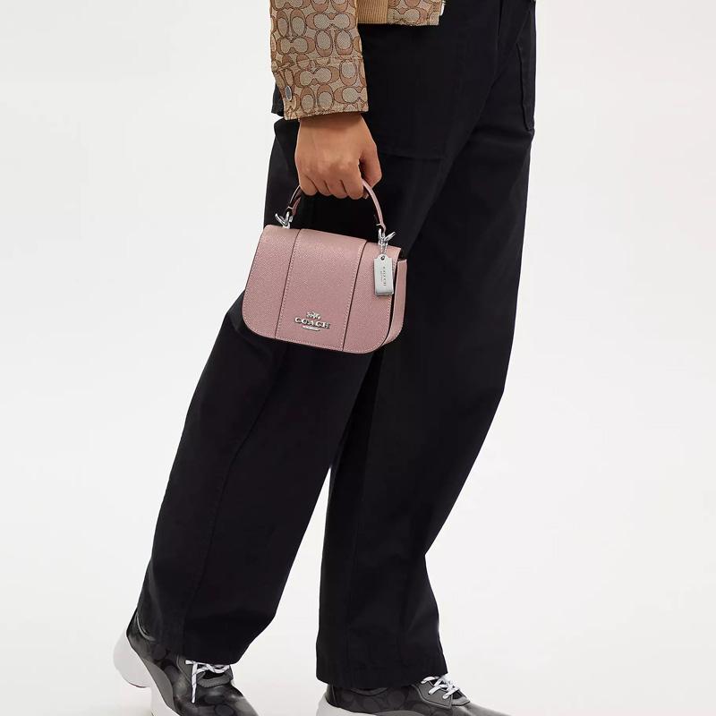 Coach Lysa 18 Silver Logo Chain Patent Cross Pattern Leather and Smooth Leather Handheld Crossbody Shoulder Bag Small Women's Dust Rose and Silver