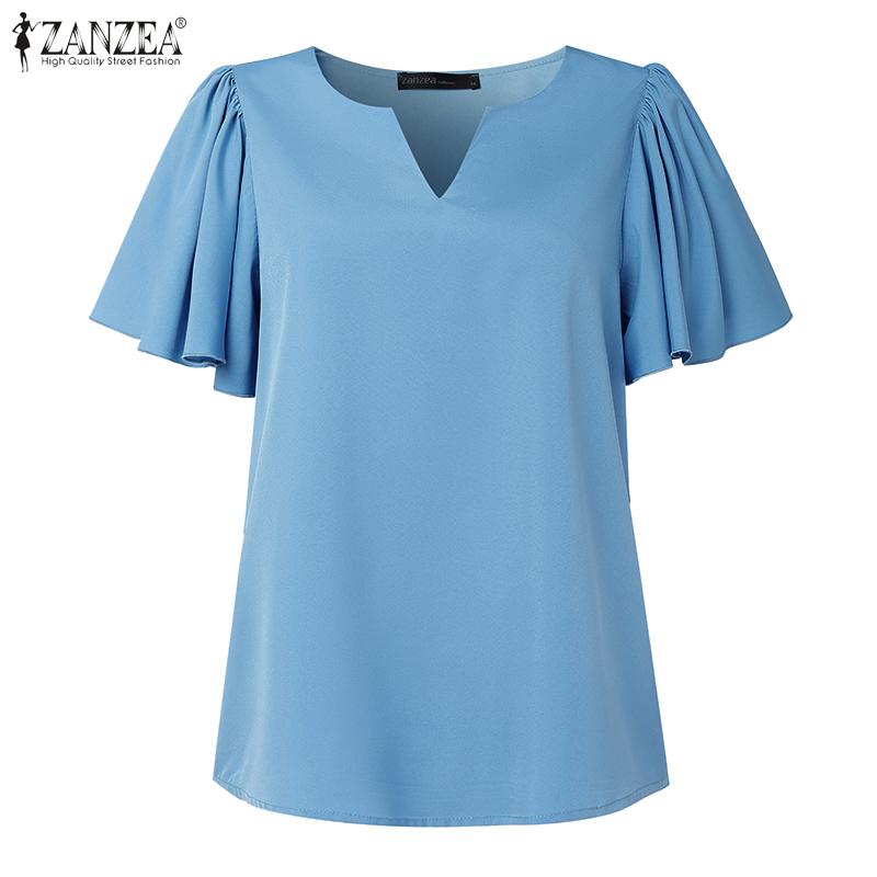 ZANZEA Women Casual V-Neck Ruffles Short Sleeve Loose Blouse