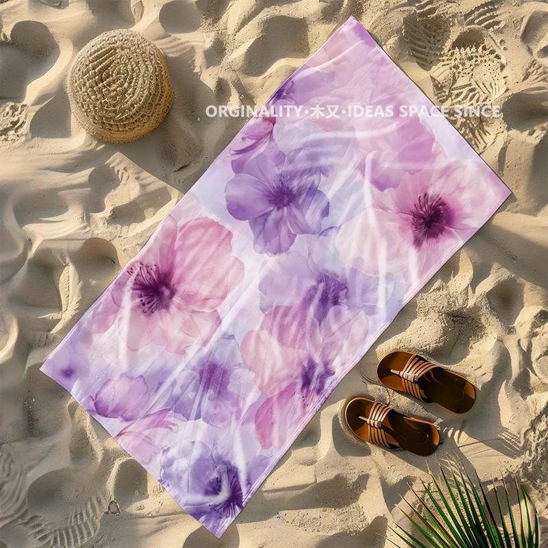 Watercolor Purple Floral Beach Towel Patterned Sunscreen And Windproof Suitable For Swimming Pool Camping Travel