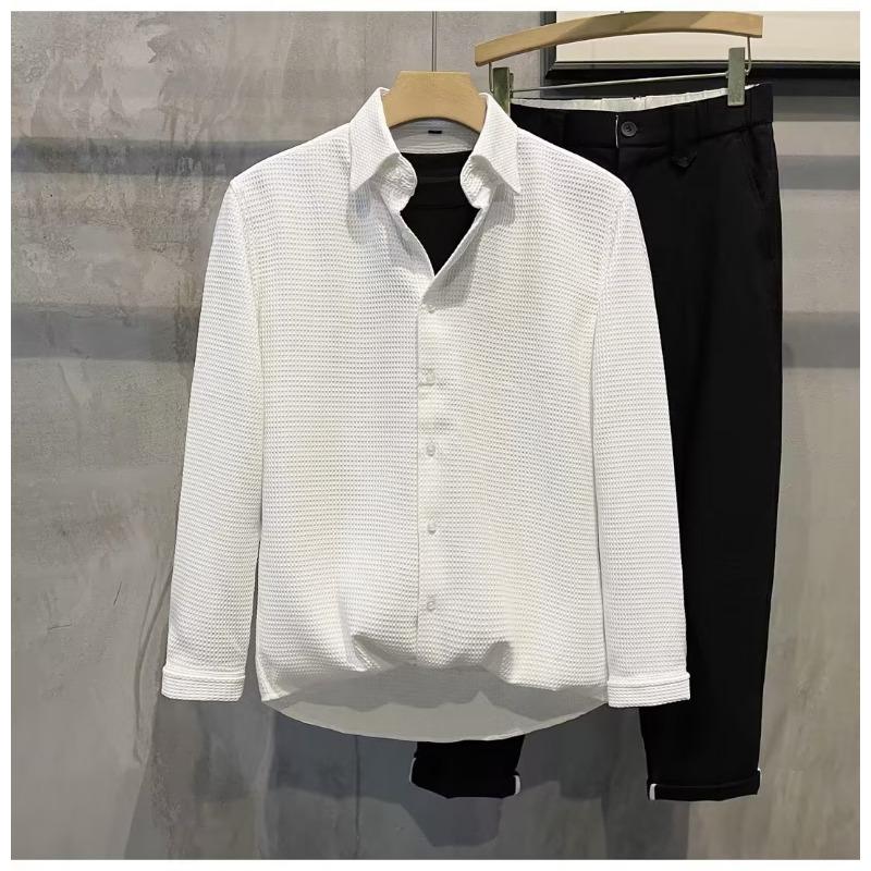Men's Waffle Knit Long Sleeve Shirt Casual Button Down Streetwear Top