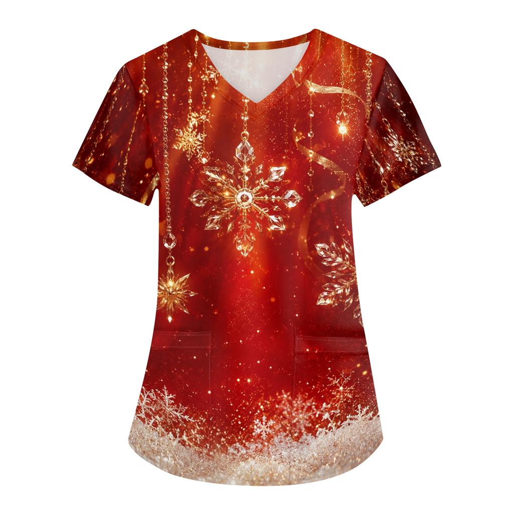 Women's Christmas Uniform V-Neck Short Sleeve Work Top for Caregiver