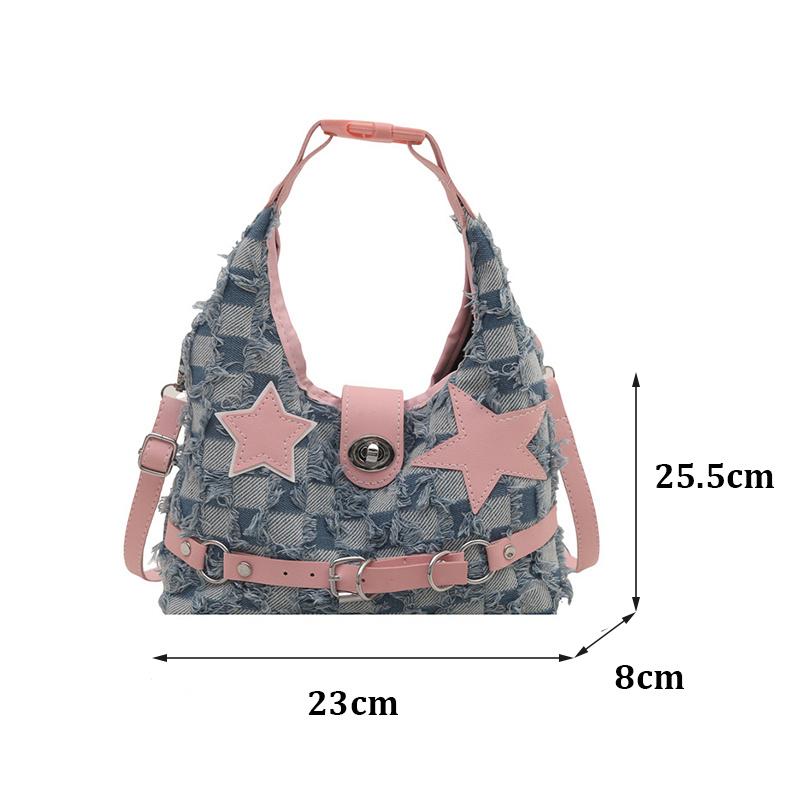 Pink Star Purse and Handbags Aesthetic Plaid Denim Shoulder Bag Punk Leisure Outdoor Crossbody Bag For Women