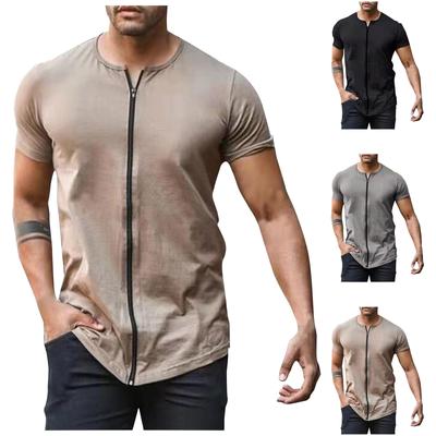 (Qunide) Men's Fashion Casual Summer Zipper Decoration Milk Silk Round Neck Short Sleeve T-shirt