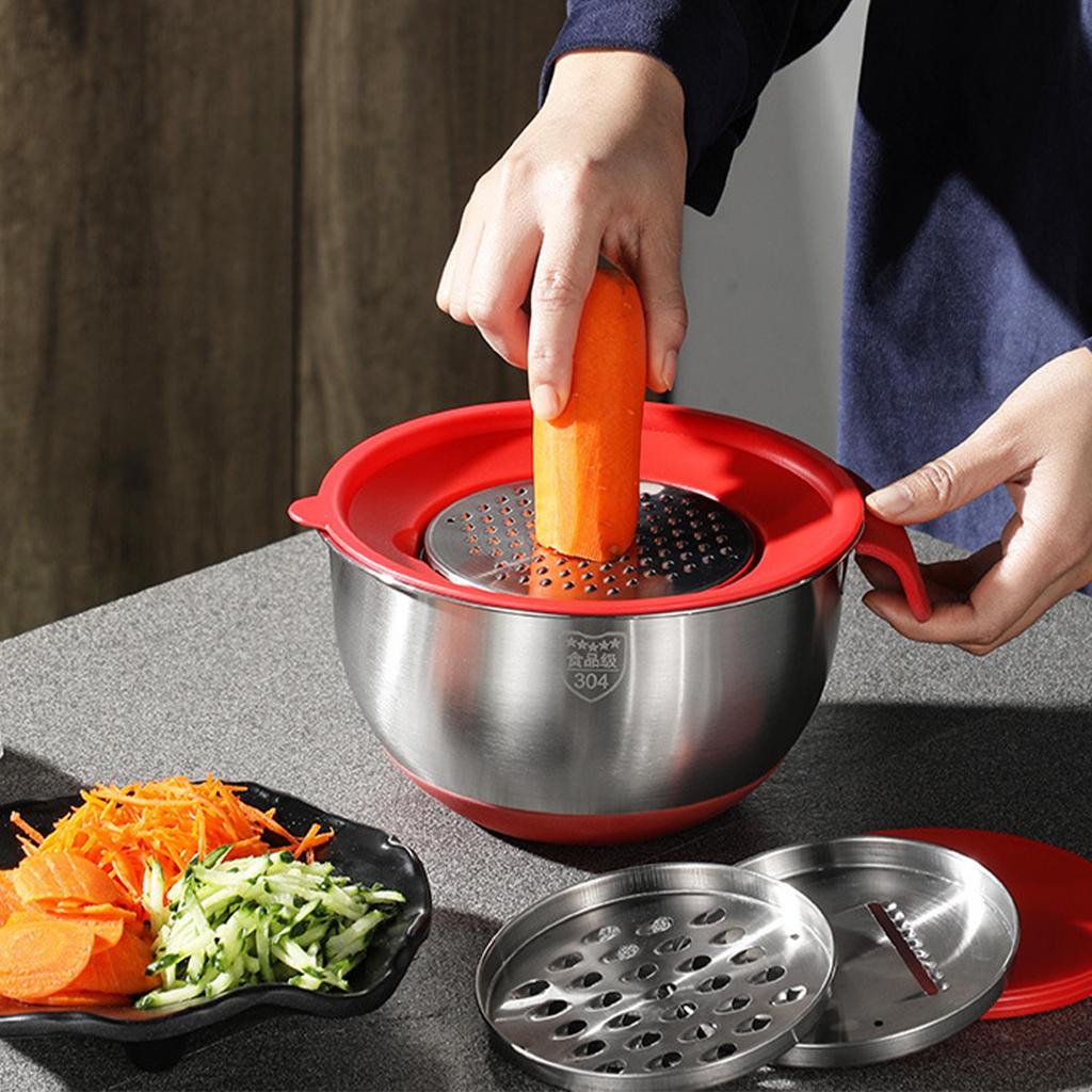 Stainless Steel Mixing Bowl Set with Graters, Lid and Non-slip Silicone Bottom, Multi-purpose Kitchen Prep Bowls for Baking Cooking Salad Dough Mixing