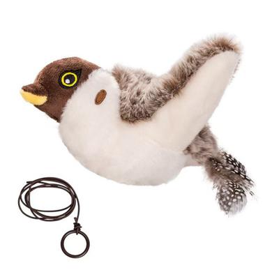 Interactive Flapping Wings Cat Toy Touch Activate Electric Flying Birds Toy with Chirping Sounds Indoor Hanging Simulation Plush Sparrow