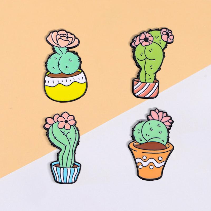 4 Styles Sexy Buttocks Cactus Potted Enamel Brooches Creative Ass Potting Plant Flower Pins For Backpack Clothes Jewlery