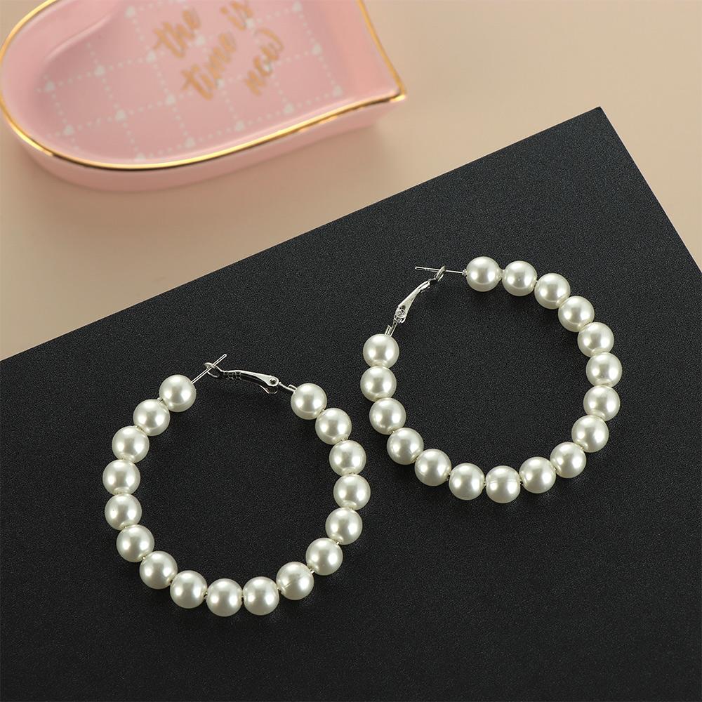 Party Wedding Engagement Big Circle Pearl Hoop Earrings Round Shape Elegant Drop Dangle Ear Stud