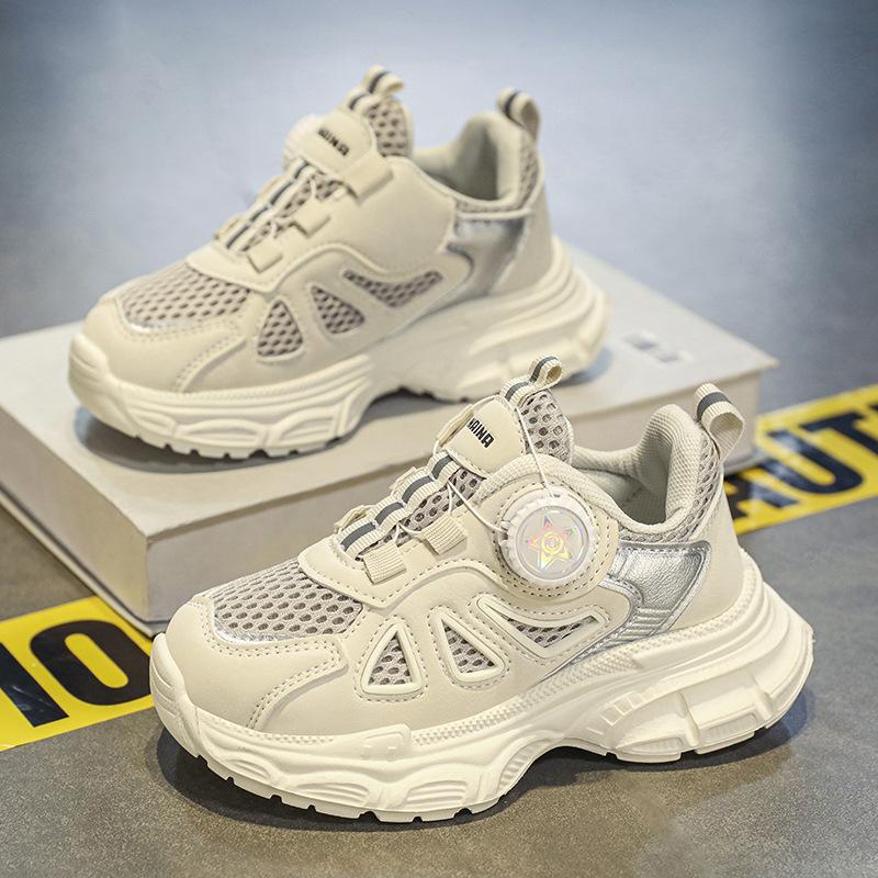 Children's mesh sneakers 2025 autumn new boys rotating button dad shoes solid color basketball shoes classmates
