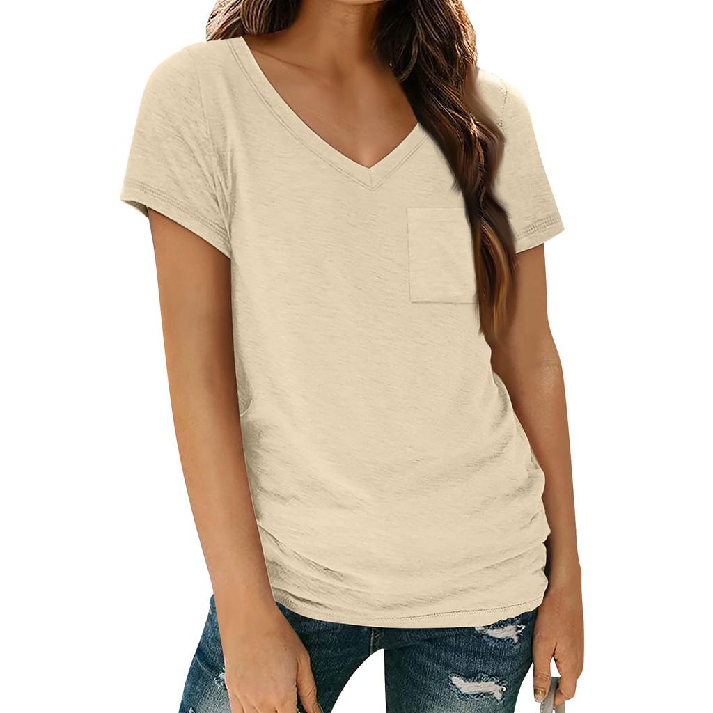 Womens T Shirts Short Sleeve V Neck Tops With Pockets Summer Fashion Trendy Soft Casual Comfy Outfits Clothes
