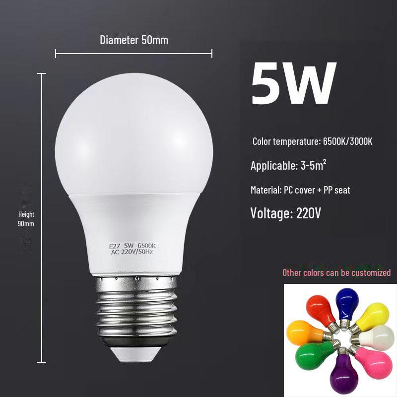 Energy-efficient LED bulb with linear constant current, plastic-coated aluminum design, suitable for household use with E27 screw base.